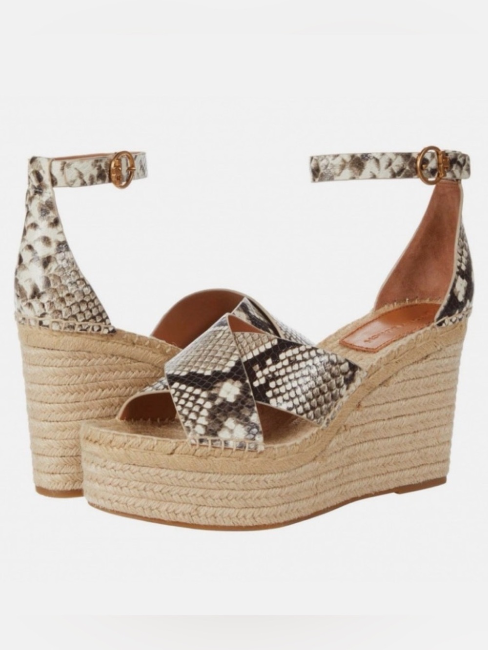 Tory Burch Snakeskin Espadrille Platform Wedge Sandals - Brown, Black, Cream